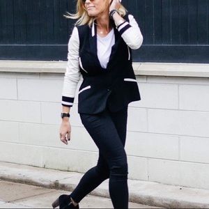 Evereve Vintage Havana Faux Leather Sleeve Varsity Blazer Jacket Black White